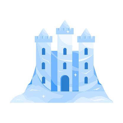 Ice sculpture of medieval castle with towers, palace of fairytale kingdom vector illustration