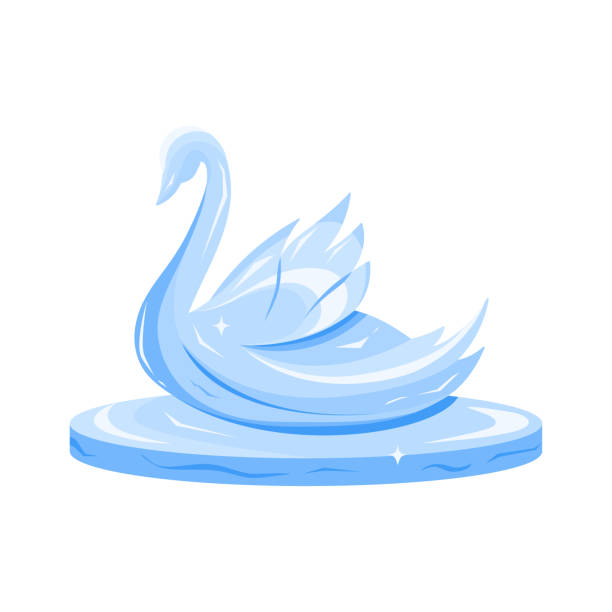 ilustrações, clipart, desenhos animados e ícones de escultura de gelo do cisne bonito, pássaro brilhante feito de água congelada - ice carving sculpture chisel