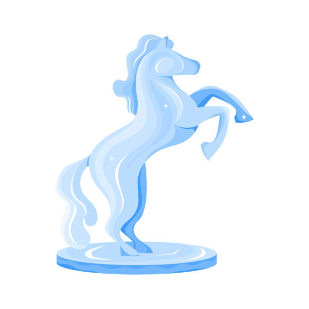 illustrazioni stock, clip art, cartoni animati e icone di tendenza di scultura di ghiaccio di cavallo al galoppo, congelato da scultori corsa animale veloce - ice carving sculpture chisel