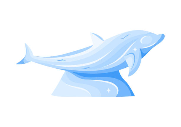 ilustrações, clipart, desenhos animados e ícones de escultura de gelo do golfinho em ondas do mar, estátua de cristal feita de água congelada - ice carving sculpture chisel