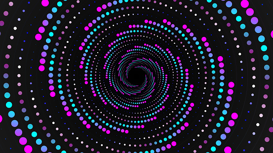Abstract background with colorful neon dots moving in a spiral shape, vector design