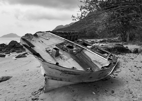 Unspoiled beach with shipwreck in Con Dao, Con Son island, Ba Ria Vung Tau province