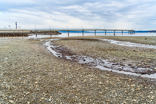 A view of the pier in Des Moines, Washington at low tide.