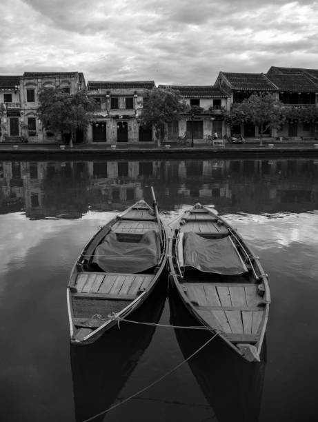 Shot of a group of boats floating on a river in Vietnam
