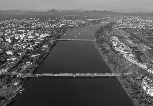 Aerial photo of Truong Tien bridge and Hue city, Thua Thien Hue province