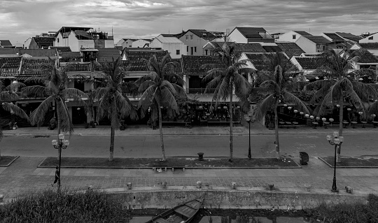 Hoi An Ancient Town and Thu Bon River in black and white color, Quang Nam Province
