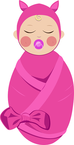 New born baby in pink. Illustration for baby shower, gender reveal, birthday party. Vector design