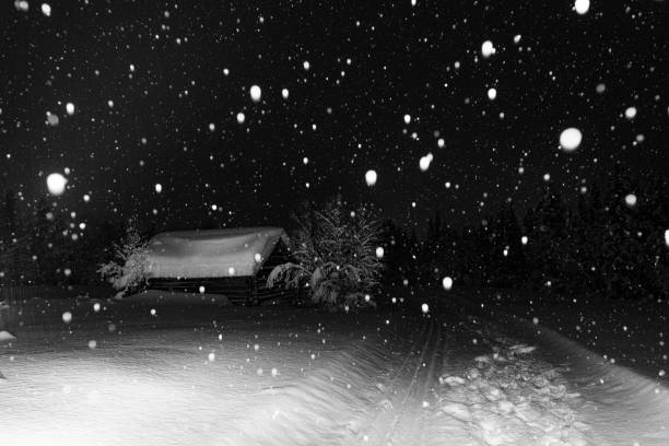 In this black and white scene, snow is falling heavily on a cabin nestled in the Swedish landscape, creating a serene wintry atmosphere.