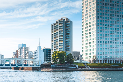 Sumida river and high-rise buildings in Tokyo