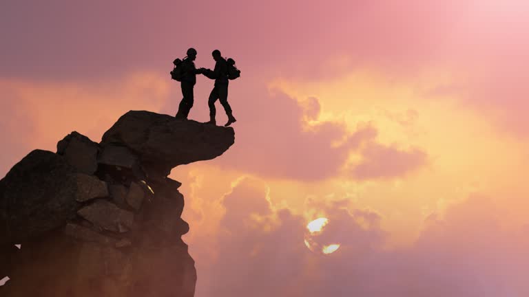 A hiker climber helps a friend not to fall from the cliff to reach the mountain top render 3d