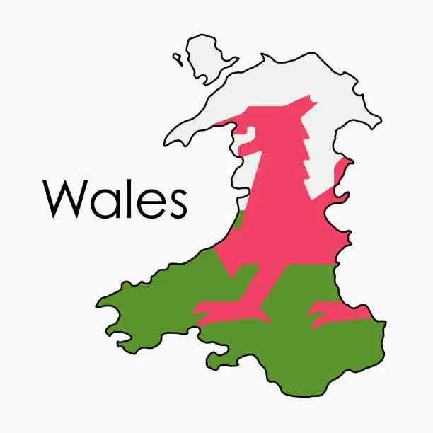 Vector illustration of Outline drawing of Wales flag map.