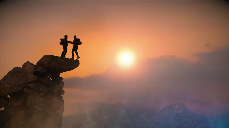 A hiker climber helps a friend not to fall from the cliff to reach the mountain top render 3d