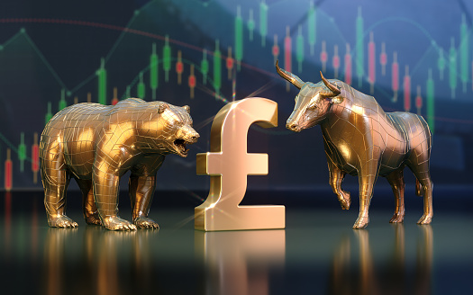3d render Sitting Pound Sign and Bullish Bear Season on Financial Graph Background, Crypto Finance Concepts (Depth of field)