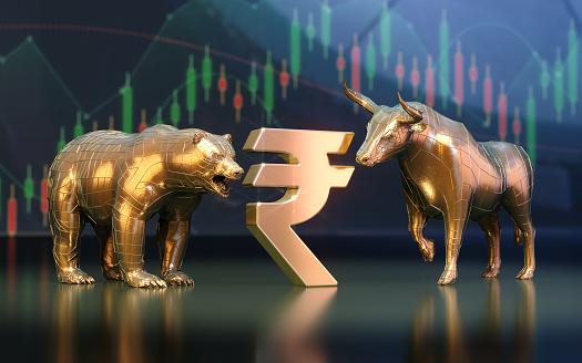 3d render Sitting Indian Rupee Sign and Bullish Bear Season on Financial Graph Background, Crypto Finance Concepts (Depth of field)