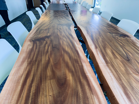 Long table made of wood from mature tree (unidentified species) felled for construction of a new building (including this meeting room) on campus of a botanical garden in Florida. Salvaged, recycled.
