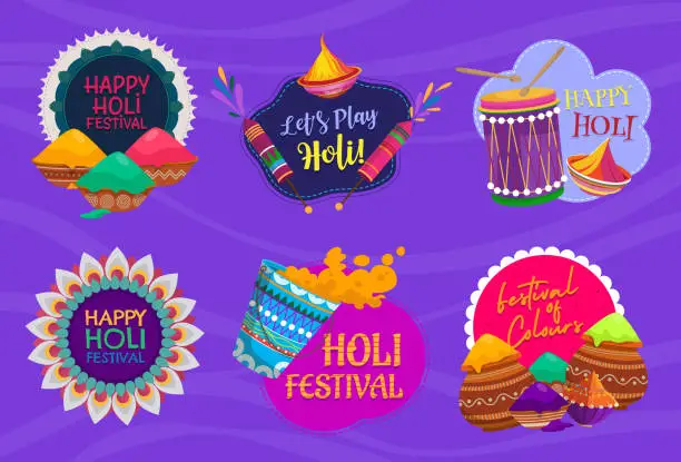 Vector illustration of Various Badge of Holi Festival with text Happy Holi Festival
