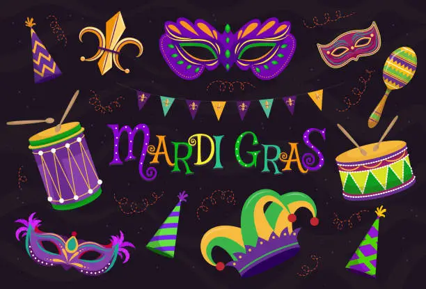 Vector illustration of Festive Mardi Gras revelers masked. Vibrant costumes and joyful. Mardi gras item.
