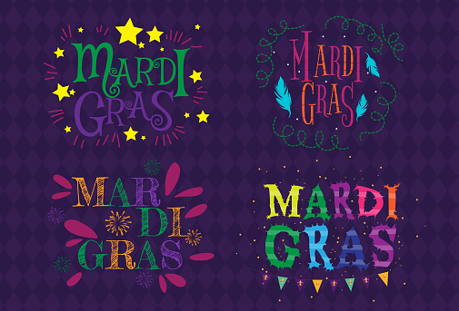 Set of Mardi Gras wording for Mardi Gras carnival decorations or for promotional materials such as websites, billboards, flyers, brochures and other printed materials.