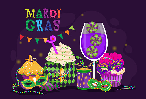 A lively Mardi Gras street masquerade carnival with participants wearing intricate feather masks and sequined costumes. Dancing and waving flags, party items, masks, drums, hats, maracas and crowns.