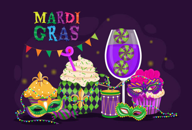 Festive Mardi Gras revelers masked. Vibrant costumes and joyful. Mardi gras item. A lively Mardi Gras street masquerade carnival with participants wearing intricate feather masks and sequined costumes. Dancing and waving flags, party items, masks, drums, hats, maracas and crowns. mardi gras flyer stock illustrations