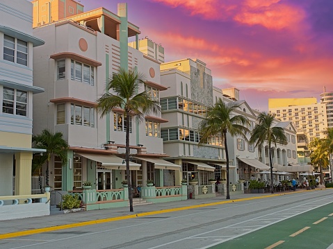 Sunset along Ocean drive at the trendy South Beach enclave of Miami Beach Florida.