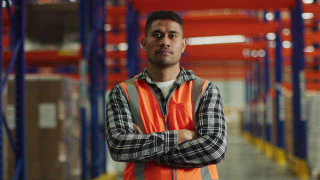 Hispanic employee in the warehouse looking at the camera
