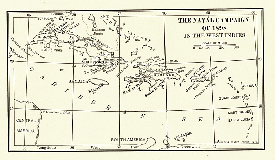 Vintage Picture, Map of the Naval campaign of 1898 in the West Indies, Spanish–American War, 1890s 19th Century MIlitary History
