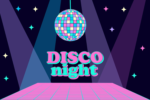 Retro Disco party vector background with spotlights and disco ball. Futuristic illustration in 1990s posters style. Retro Nostalgic vaporwave cyberpunk artwork with vibrant neon colors