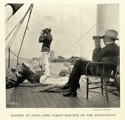 Vintage Picture, US Marines at small arms target practice on USS Marblehead, 1890s 19th Century MIlitary History, Vintage photograph