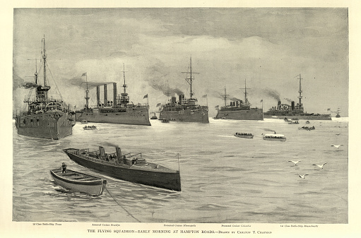 Vintage Picture, US Navy warships, Commodore Schley's Flying Squadron, at Hampton Roads, Spanish–American War, 1890s 19th Century Military History