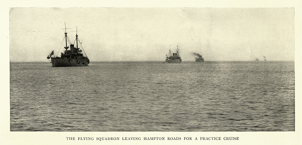 Vintage Picture, US Navy warships, Commodore Schley's Flying Squadron, leaving Hampton Roads, Spanish–American War, 1890s 19th Century Military History, Vintage photograph