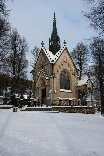 Historic Gothic chapel at the Cemetery in Winter, Poland, Suprasl