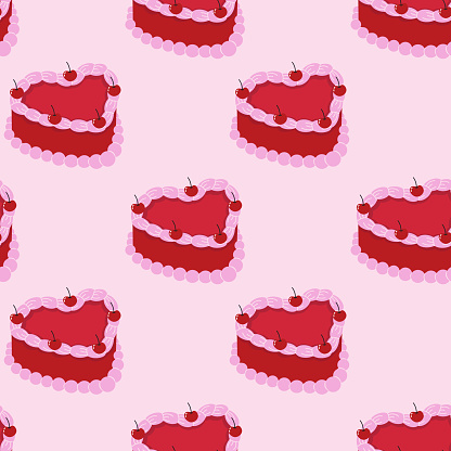 Seamless pattern with heart shaped cakes with cherry. Vector illustration.