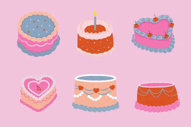 Vector illustration of Set of cute cakes in retro style. The illustration is hand drawn. Concept of birthday, party, wedding.