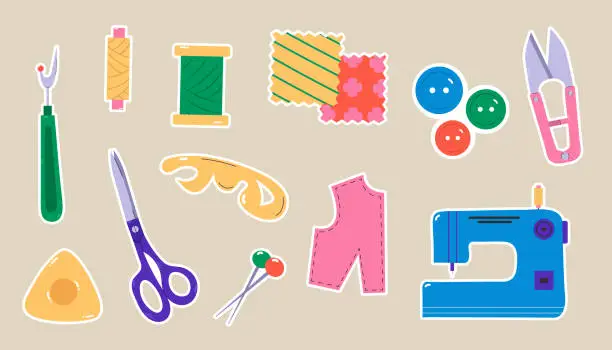 Vector illustration of Set of stickers for needlework. Hand drawn elements for sewing. Vector illustration.