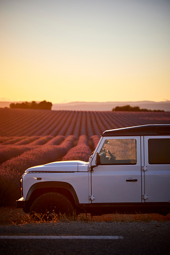 Land rover 4x4 parked next to Lavender field in Provence, France (Plateau de Valensole) during sunset on a day in Juni