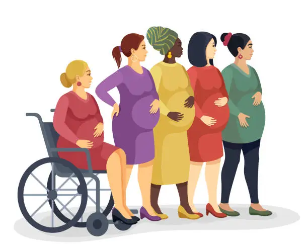 Vector illustration of Multiracial group of pregnant women, including one woman with disabilities in a wheelchair.