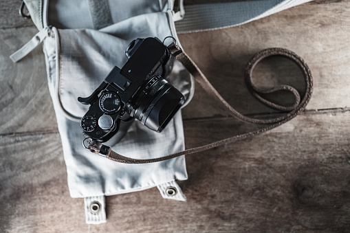 Close up of Black Digital Rangefinder camera in indoor setting.