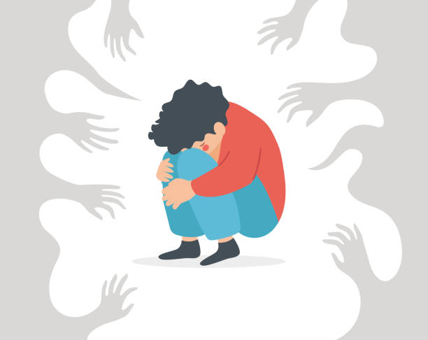 ilustraciones, imágenes clip art, dibujos animados e iconos de stock de niño deprimido que llora, se sienta y se cubre la cara, sufre de bullying. triste niño víctima de abuso amenazado y acosado. concepto de alto a la violencia. - acoso-escolar