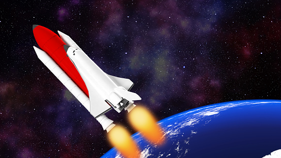 A space shuttle soars out of the world., Space rocket travels outer space ,Leading new businesses to become market leaders , 3d rendering