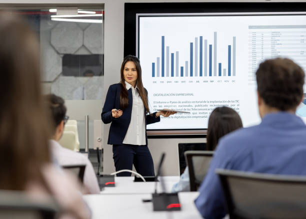 Teacher teaching an MBA class to a group of students