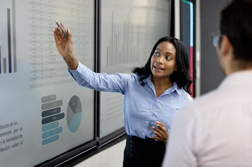 Businesswoman writing on whiteboard in office