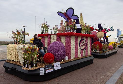 Noordwijk, Netherlands - April 22, 2023: Spectacular flower covered floats in the Bloemencorso Bollenstreek the annual spring flower parade from Noordwijk to Haarlem in the Netherlands.