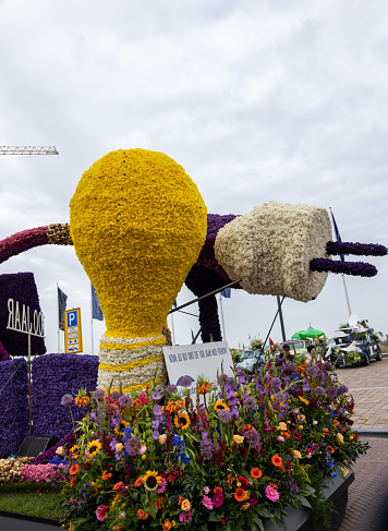 Noordwijk, Netherlands - April 22, 2023: Spectacular flower covered floats in the Bloemencorso Bollenstreek the annual spring flower parade from Noordwijk to Haarlem in the Netherlands.