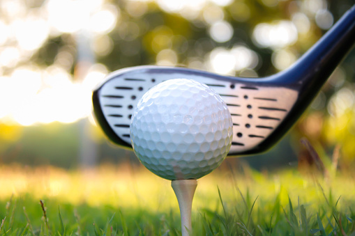 Image of a golf ball on a tee with a natural green bokeh background.