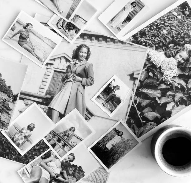 Genealogy family history theme with vintage photos. 1940.