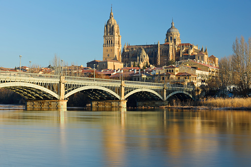 daytime view of the Salamanca skyline - featuring the cathedral and the Enrique Estevan bridge (Spain).