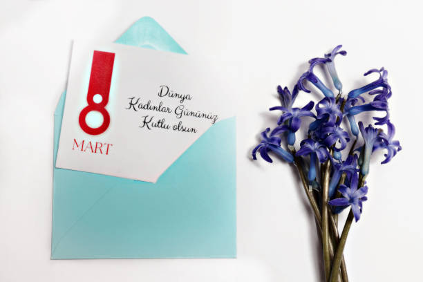Happy March 8 International Women's Day text and photo with hyacinth