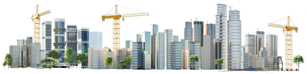 3D render of conceptual city skyline with construction cranes