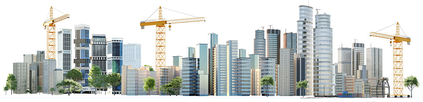 3D illustration of a panoramic city skyline with skyscrapers and construction cranes. Banner Isolated on White background.